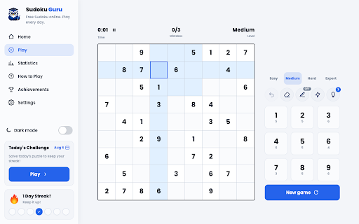 Sudoku Guru - Free Sudoku Puzzle Game :: Play free Sudoku in your browser sidebar. Classic puzzles, daily challenge, hints & notes — offline-friendly, no account.