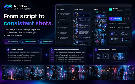 AutoFlow — Batch for Google Flow :: Queue Google Flow prompts, build private storyboards, and monitor generation progress inside a focused side panel.