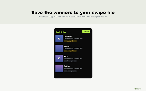 Download Facebook Ads — Meta Ad Library Downloader :: Download any ad from the Meta (Facebook) Ad Library in one click — image or video. Optionally save ads to your HookAds swipe file.