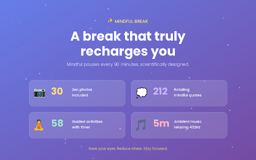 Mindful Break - Healthy Pause & Wellness Timer :: Healthy break reminders with relaxing photos, mindful quotes, wellness exercises and ambient music. Reduce stress, save your eyes.