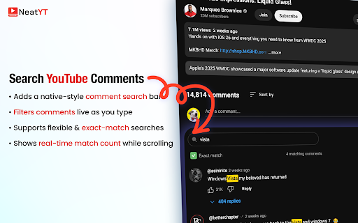 NeatYT – Clean UI & Comment Search for YouTube :: NeatYT hides clutter, adds an inline comment search bar, and brings back YouTube dislike counts