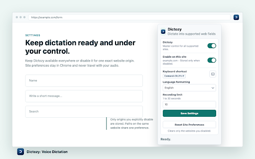 Dictozy: Voice Dictation :: Write faster in Chrome by dictating messages, notes, searches, and form entries - no account required.