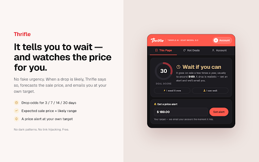 Thrifle Amazon Price Extension: Track & Analyze :: Amazon price tracker with an honest Buy-or-Wait verdict — price history, drop forecast & a 0–100 Deal Score. No fake discounts.