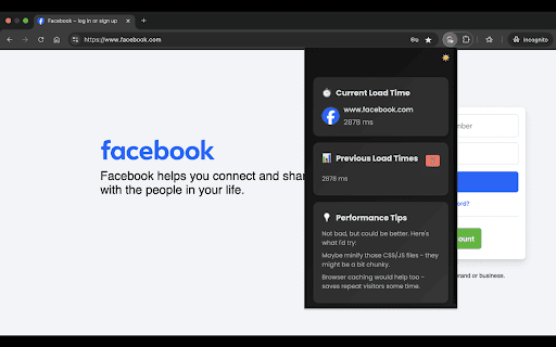 Website Load Time Checker :: Displays the load time of the current webpage and provides performance tips.