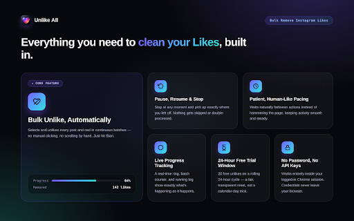 Unlike All — Bulk Remove Instagram Likes :: Automatically unlike all your liked posts and reels on Instagram in bulk. Fast, safe, one-click cleanup — no login sharing required.