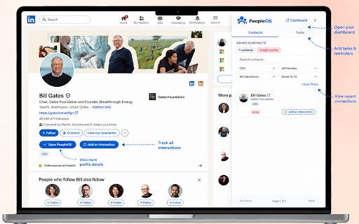 PeopleOs :: Save network contacts, manage lists, log activities – directly on the profile page.