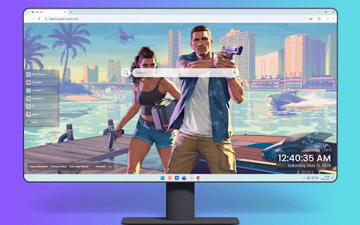 GTA 6 Tropical City Live Wallpaper :: GTA 6 protagonists on wooden dock with guns against pastel Vice City skyline with palm trees and speedboat.