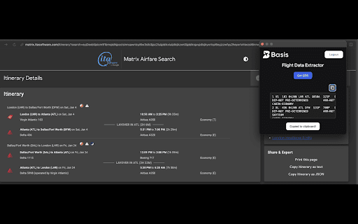 Basis GDS Extractor :: Extension for Travel Agents to get GDS codes from ITA Matrix Flights. Powered by Basis.