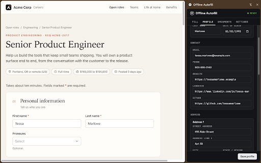Offline Autofill :: Fill forms from a profile that never leaves your device. On-device models only (Chrome built-in, Ollama, LM Studio). No cloud.