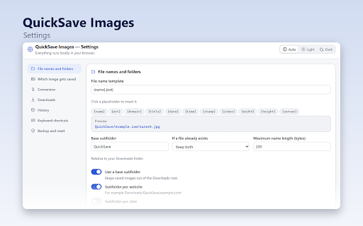 QuickSave Images :: Right-click to save the real full-size image: smart file names, folders per site, WebP conversion, batch saving.