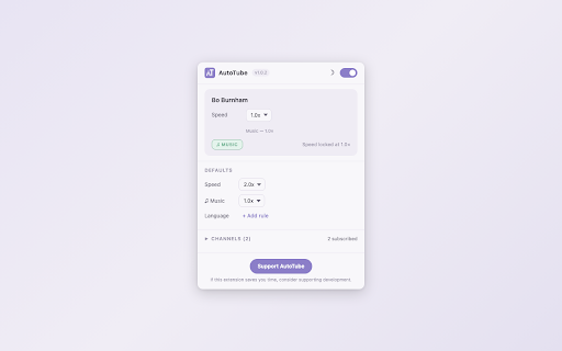 AutoTube :: Smart playback speed, subtitles and preferences manager for YouTube