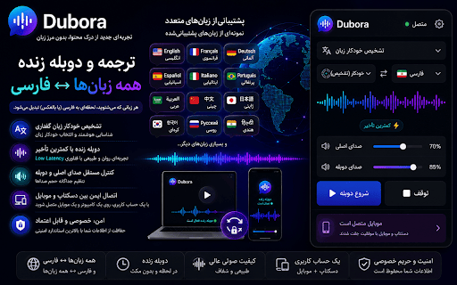 Dubora - Live Multilingual Dubbing :: Live bidirectional multilingual voice dubbing between Persian and major world languages, with automatic language detection.