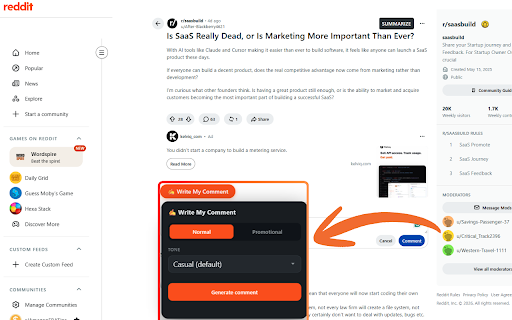 Reddit Auto Comment Writer :: Write natural, human-tone Reddit comments and replies (normal or business-promotional) using your own OpenAI API key.
