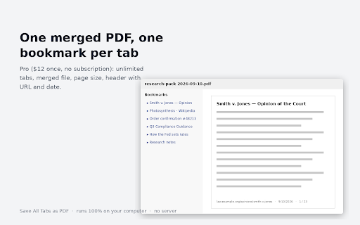 Save All Tabs as PDF — Print All Open Tabs to One PDF :: Save all tabs as PDF in one click: print every open tab to a searchable PDF, or merge them into one bookmarked PDF. 100% local.