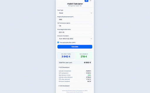 ISV/IUC Calculator - Portugal Car Import :: Calculate ISV and IUC taxes for importing cars to Portugal. Auto-detects vehicle specs from European car listing sites.