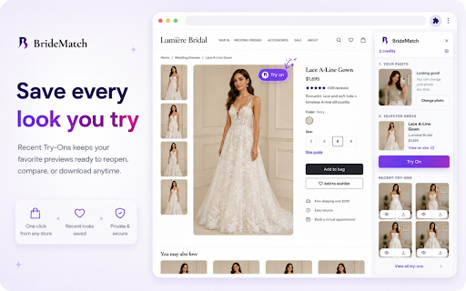 BrideMatch - Virtual Wedding Dress Try On Online & AI Bridal Gown Fitting :: Try on any wedding dress you find while shopping. Hover a dress photo, press Try on, and see it on your own picture.
