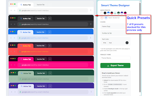 Smart Theme Designer - for Google Chrome :: Create custom Chrome themes in seconds. Use live preview, smart color pickers, and a randomizer to design your perfect browser look.