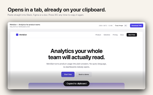 Page Shot :: One click: screenshots the entire scrolled page, opens it in a new tab, and copies it to your clipboard.