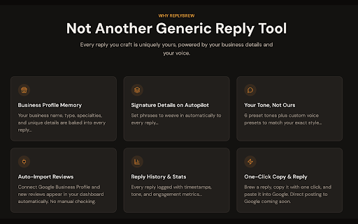 ReplyBrew — AI Review Replies :: Brew perfect review replies in seconds. AI-powered responses that match your business tone, right inside Google Business Profile.