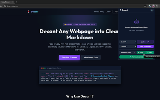 Decant - Web to Markdown Clipper :: Fast, privacy-first web clipper that decants articles and webpages into clean Markdown.