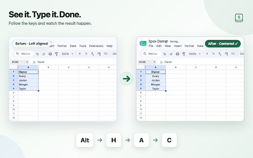 Spex – Excel Shortcuts for Google Sheets™ :: Use Excel-style shortcuts in Google Sheets™ with on-screen KeyTips, Sheets-native commands, and customizable keyboard workflows.