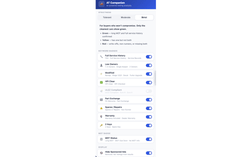 AT Companion :: AI-powered analysis for AutoTrader listings. Instantly highlights service history, MOT, HPI status and more.