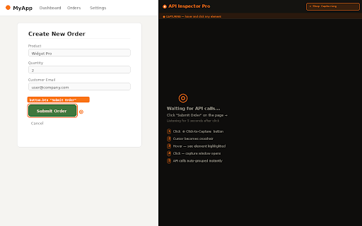 API Inspector Pro :: Click any UI element to see its API calls. Auto-maps interactions to endpoints. Postman export, slow warnings & session persistence.