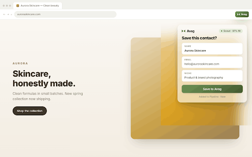 Avag :: Find clients, capture their contact details in one click, and track every lead in your CRM. Built for creators.
