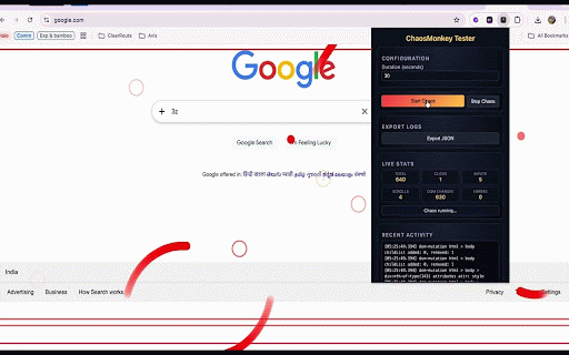 ChaosMonkey Tester :: Run configurable Gremlins.js monkey testing with detailed activity logging on any page.