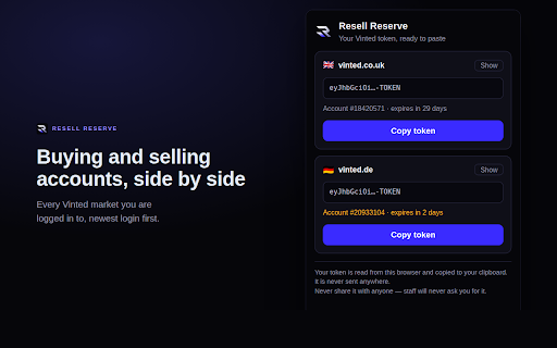 Resell Reserve — Vinted Token Copier :: Copy your Vinted refresh token in one click — no Developer Tools, no digging through cookies. By Resell Reserve.