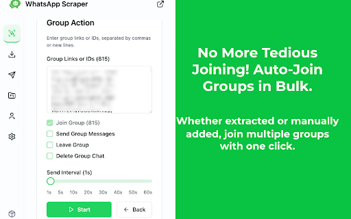 WhatsApp™ Scraper & Bulk Sender & Auto Join - ExtBoost :: Instantly find WhatsApp group links on any webpage. Auto-join, send messages, and manage your groups in bulk with one tool.