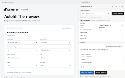 Sembley Sidecar :: Copy insured data from any website and autofill carrier portals
