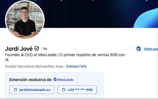 MasLeads Discovery :: Consigue emails y teléfonos verificados de cualquier perfil de LinkedIn, sin necesidad de salir de LinkedIn.
Prospecta de forma más…