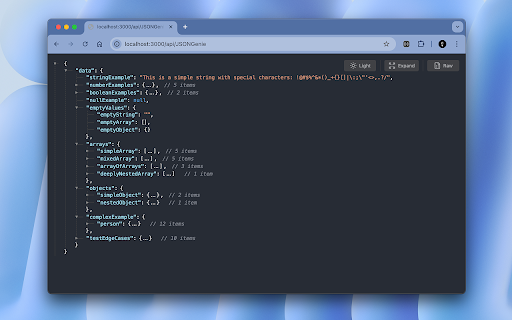JSONGenie - Beautify, Format & Visualize JSON Instantly :: JSONGenie: View raw JSON in an interactive, collapsible tree with syntax highlighting and raw/parsed toggle for easy navigation.