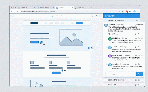 Design review :: Add pins and threaded comments on any page, with optional team sync. Set your name and email in Profile for future notifications.