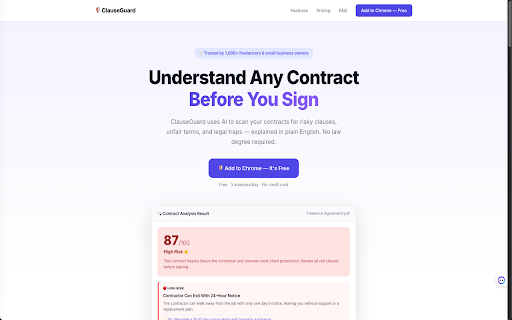 ClauseGuard - AI Contract Risk Analyzer :: Instantly analyze contract risks before you sign. Get plain-language risk scores and suggestions.
