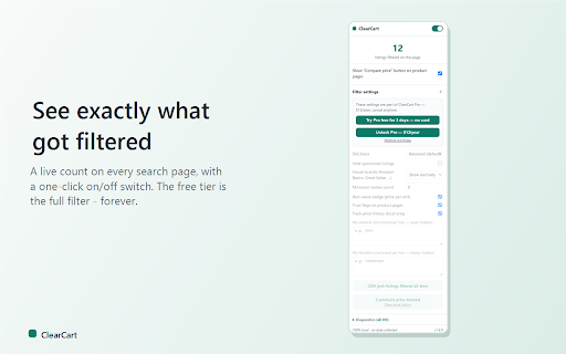 ClearCart: Hide Junk on Amazon & Walmart :: Filters gibberish no-name brands and dropship junk out of Amazon and Walmart search results. 100% local — no data collected.