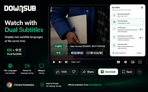 DownSub - Subtitle & Transcript Downloader: YouTube, Netflix, Viki :: Subtitles for YouTube, Viki, iQIYI, Netflix & WeTV: download SRT/VTT/TXT, translate & show on the video. Pro: AI summary.