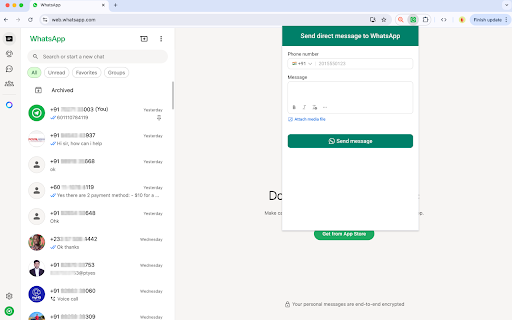 Send WhatsApp direct message :: Easily send message to whatsapp without saving numbers directly from any tab.