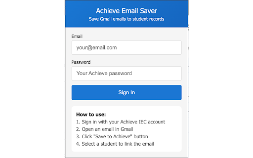 Achieve Email Saver :: Save emails from Gmail to Achieve student records. Built for Independent Educational Consultants (IECs).