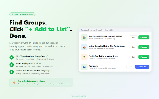 Facebook Groups Post Bot :: Automatically post to multiple Facebook groups. Schedule posts, manage campaigns, track history, and grow your reach with one click.
