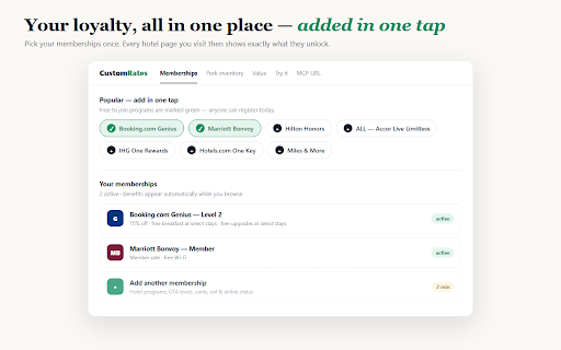 CustomRates :: See the discounts and perks your loyalty memberships actually unlock — right on the search page.