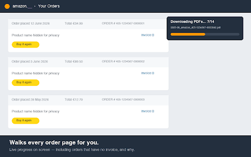 Amazon Invoice Bulk Downloader (EU) :: Download all your Amazon invoices for any date range as one ZIP. Works on all European Amazon marketplaces and the US store.