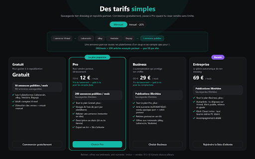 Klork — Publie ton dressing Vinted partout :: Sauvegarde ton dressing Vinted et publie tes annonces en 1 clic sur Leboncoin, Depop, Vestiaire Collective et eBay.