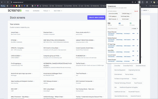 ScreenerLens :: Find stocks common across multiple Screener screens