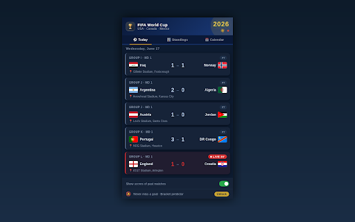 FIFA World Cup 2026 :: Live scores, schedule, standings & reminders for FIFA World Cup 2026 (USA, Canada, Mexico).