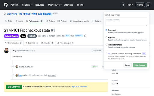 Workvane: Jira + GitHub Wind :: Show Jira Cloud state, workflow actions, and ticket suggestions inside GitHub pull requests.