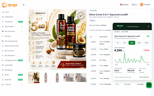 Dropdata para Dropi :: Añade ventas y minigráficos al catálogo y proveedores de Dropi, y analiza cada producto sin salir de la página.