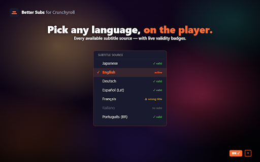 Better Subs for Crunchyroll :: Mix and match subtitle and audio languages on Crunchyroll, with a custom subtitle overlay and adjustable size, sync, and style.