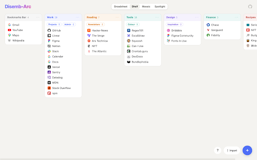 Disemb-Arc :: Turn your Chrome bookmarks bar into a drag-and-drop new tab page, in four switchable layouts